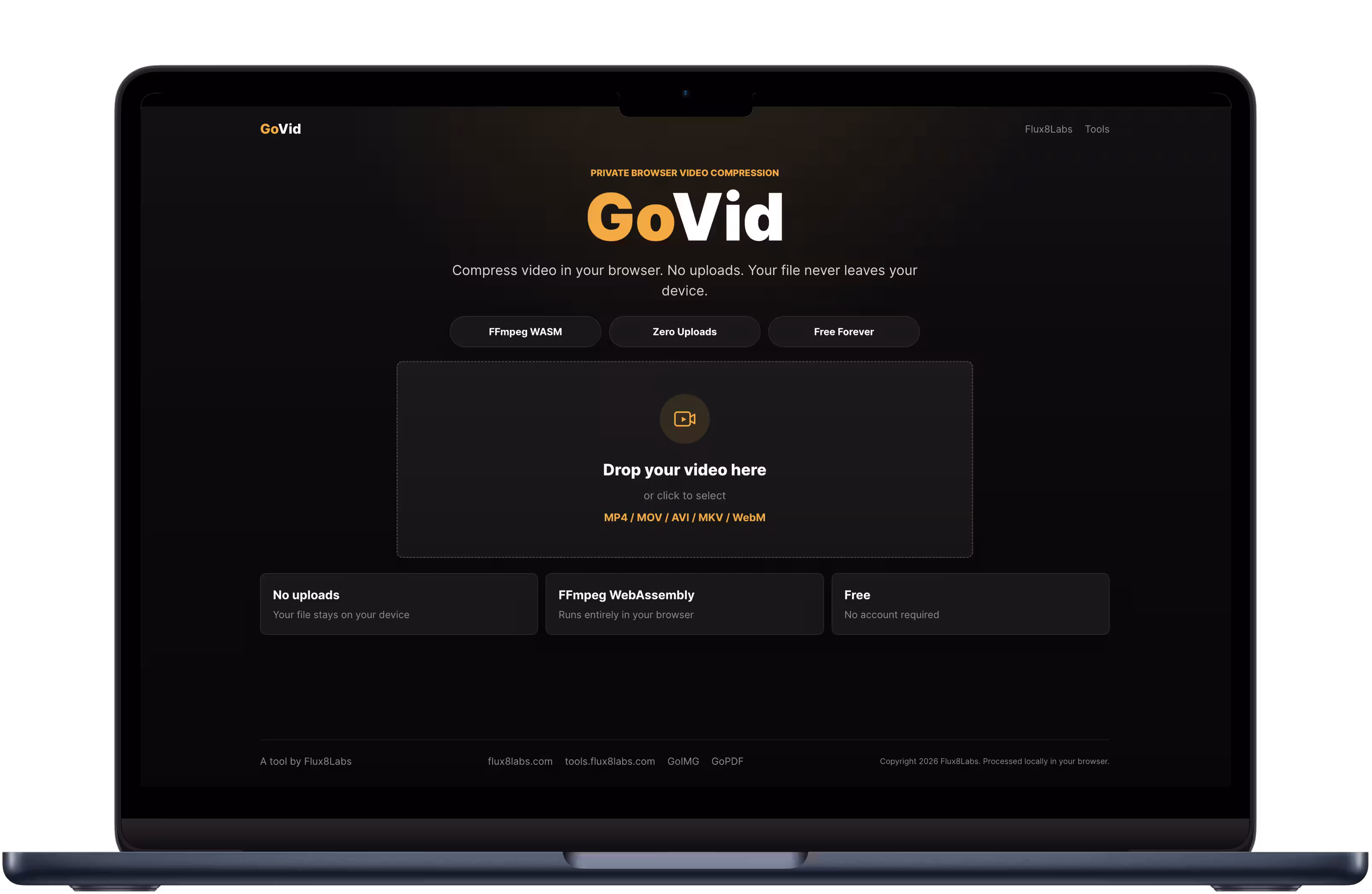 GoVid — Free Browser Video Compressor — Tools & Utilities project screenshot by Flux8Labs