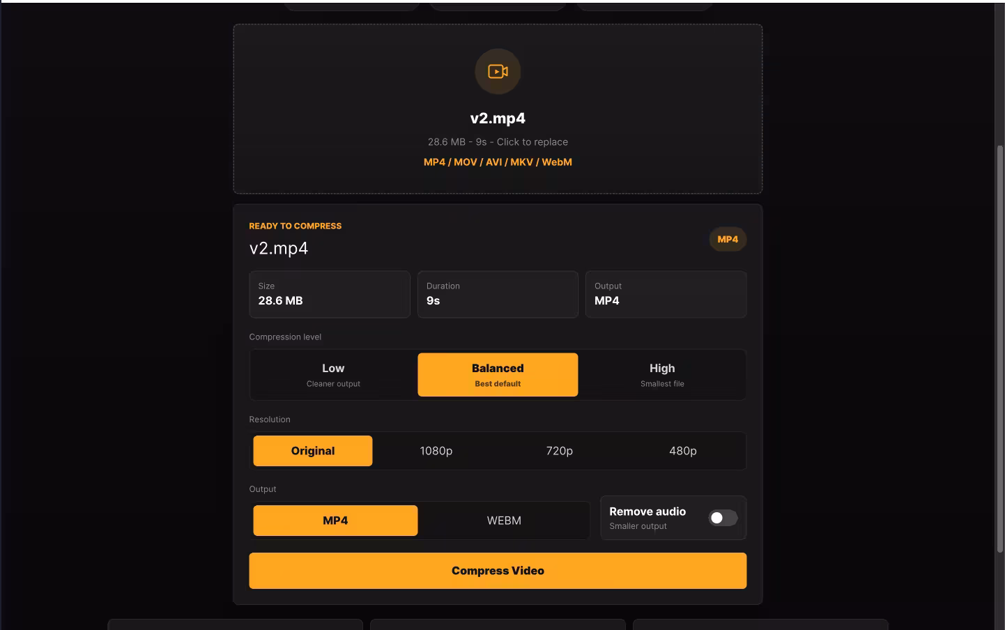 GoVid — Free Browser Video Compressor — tools website screenshot built by Flux8Labs